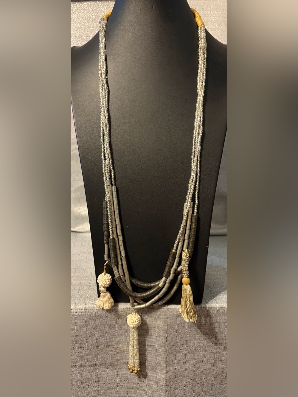Layered Gray Bead Tassel Necklace - Women's Jewelry